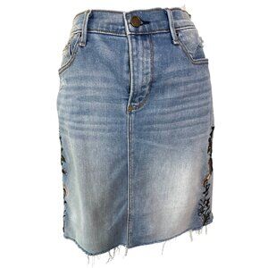 Driftwood Skylar Blue Distressed Denim Jeans Embroidered‎ Pencil Skirt Size 27